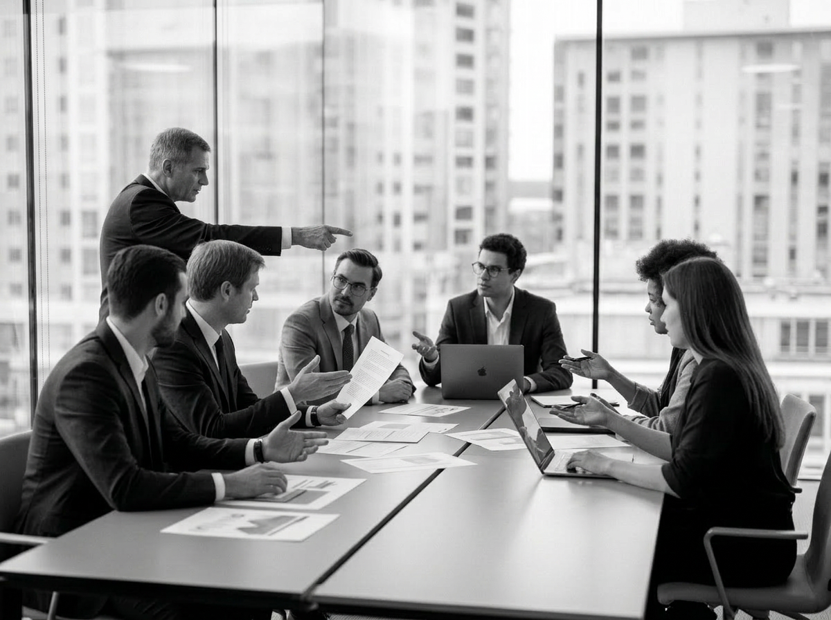 A mixed group of executives and technical team members collaborating around a table in a glass-walled office